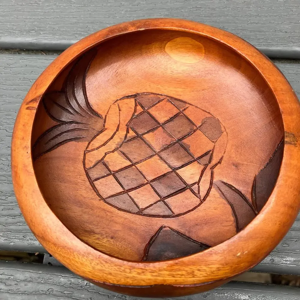 Vintage 60s 70s hand carved teak small wood bowl with carved pineapple, bohemian